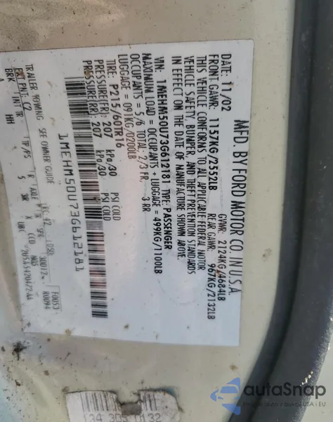 2003 Mercury Sable Gs from USA, damaged, VIN 1MEHM50U73G612181